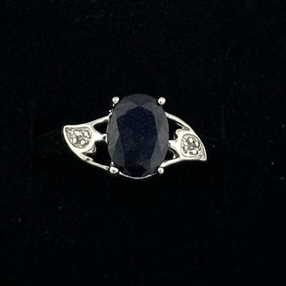 Black Sapphire and Diamond Accent Oval Ring - Sterling Silver - Size 7 - Simple - Picture 7 of 12